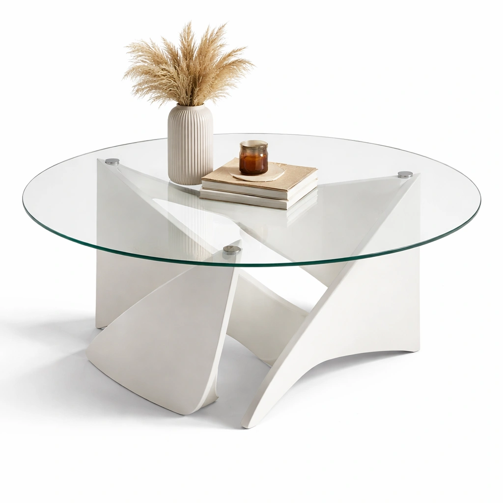 Moderner Couchtisch Rund mit Glasplatte und Designgestell-Norenio